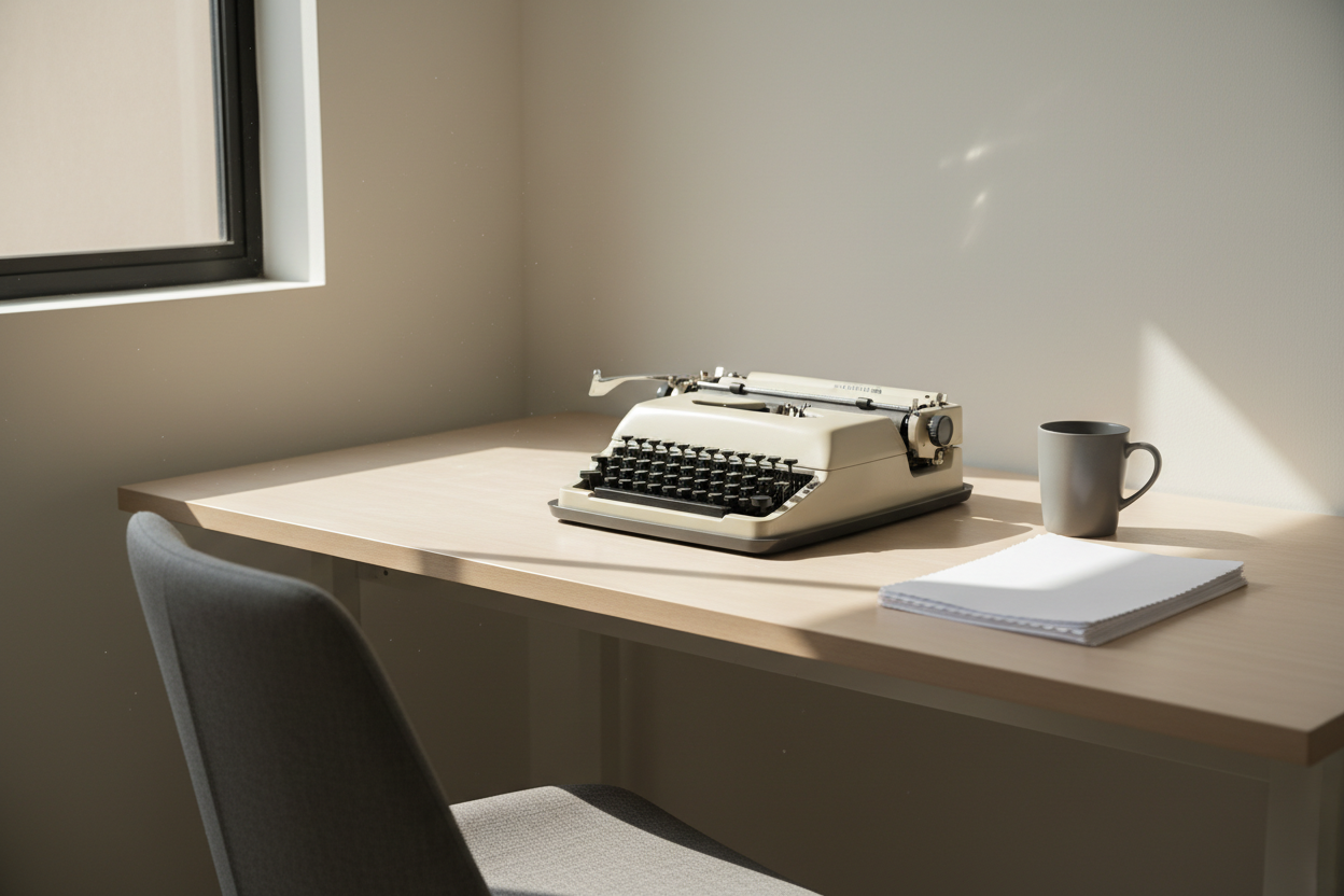 typewriter in minimalist office setting with neutral colors throughout
